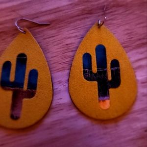 Yellow Earrings Leather With A Cactus On Them